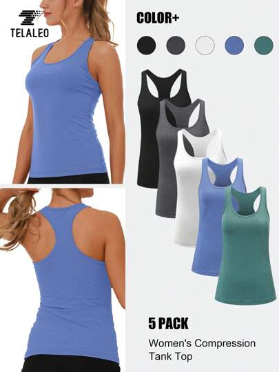 TELALEO Women's Round Neck Sporty Top, Mid-Stretch Solid Color Racer Back Tank Top