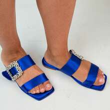 Summer New Arrival Rhinestone Rivets Buckle Open Toe Fashionable Casual Women Flat Slippers - Blue - View 6