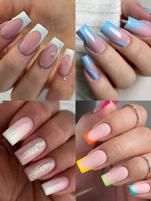 504 piezas/Caja Pegatinas de uñas cuadradas cortas, Uñas postizas transparentes de media aplicación, Pegatinas de uñas artificiales francesas, Adecuadas para extensión de uñas acrílicas, Incluye herramienta aplicadora de uñas, Suministros de arte de uñas - Multicolor - Ver 3