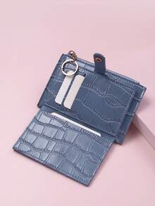 Casual Versatile Crocodile Texture Snap Button Zipper Card Holder For Women Wallet Keychain Card Wallet Mini Wallet Purse Wallet Wristlet Wallet - Blue - View 4