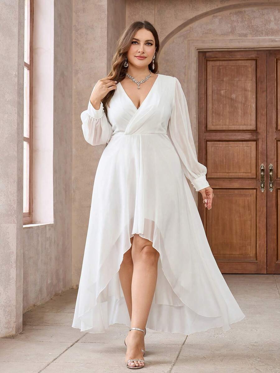 Plus Size Elegant Solid Color Fitted Long Sleeve A-Line Maxi Chiffon Dress, Formal Wedding Gown - White - View 1