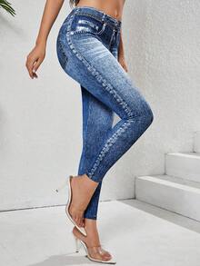 女士牛仔印花瑜伽紧身裤 - 高腰收腹提臀，透气四向弹力运动紧身裤，带假口袋（通勤、健身、休闲） - 牛仔褲 - 查看 3