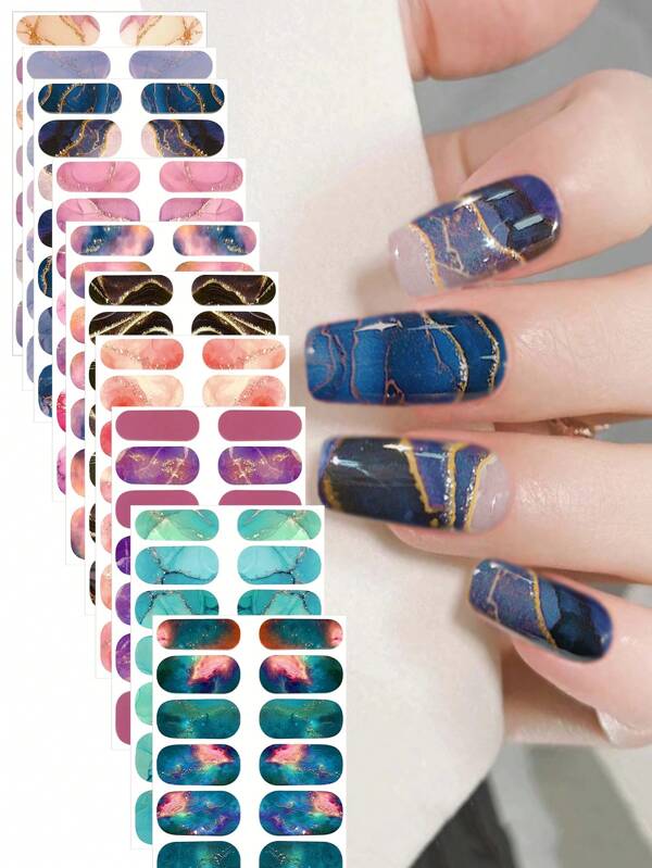 10 Sheets Marbled Nail Stickers Set - Women And Girls Self Adhesive Full Wrap Nail Stickers, Disposable Full Coverage Nail Polish Strips, DIY Nail Art Nail Essentials