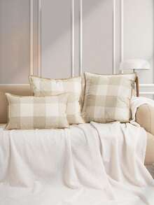 1/2 件奶油色和白色格子编织抱枕套，现代简约亚麻外观滚边靠垫套，适用于卧室、客厅、沙发、花园、派对、季节性使用，30*50 厘米、45*45 厘米、50*50 厘米（无填充物） - 米色 - 查看 3