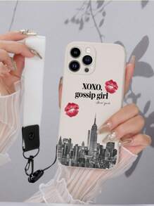 1pc White TPU Lip Print New York Pattern Shockproof Phone Case And 1pc White Lanyard Wrist Strap Compatible With IPhone/Android Phones, Including IPhone 16 Pro Max, A14, A54, A52, A31 4G, A23, Redmi Note 8 Pro, Redmi Note 11 Pro 4G, Redmi Note 12 4G, OPPO A54