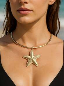 1pc Exaggerated Starfish Design Pendant Choker Necklace, Fashion Versatile Necklace Suitable For Daily Wear - Gold - View 4