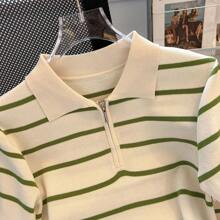 Summer Contrast Color Polo Collar Stripe Silk-Blend Short Sleeve T-Shirt With Zipper, Age-Reducing Top