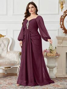 SUPGIR Plus Size Women's Chiffon Lantern Sleeve Elegant Ruched Diamond Decor Solid Color Dress, Bridesmaid Dress - Red Violet - View 3