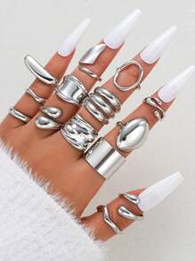 13pcs/14pcs Simple Exaggerated Wide Face Geometric Chunky Jewelry Ring Set, Vacation, Occasion, Gift, Casual Wear For Women