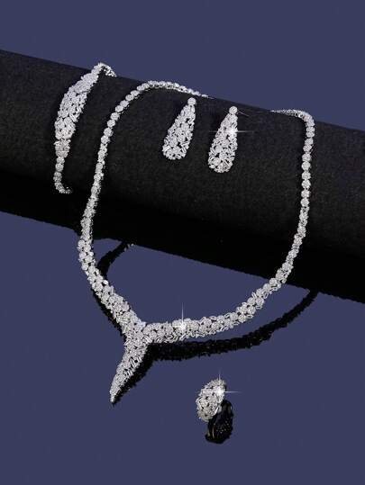 5 Peças/Conjunto Joias de Zircônia Cúbica AAA de Luxo, Conjunto de Colar, Pulseira, Brinco e Anel para Presente de Casamento de Mulheres