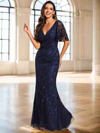 Elegant V-Neck Butterfly Sleeve Floral Sequin Mesh Mermaid Navy Blue Formal Evening Gown, Suitable For Autumn Wedding Guest, Prom, Party, Mother Of The Bride Formal Occasion