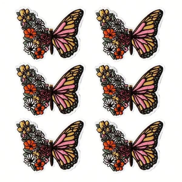 6pcs 3D Embroidered Butterfly Patches, Mixed Color Floral Iron-On Applications, For Clothing Repair And Decoration, With Decorative Fabric Patches For Dresses, Jackets, And Denim