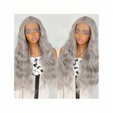 Parrucca sostitutiva 13x4 in pizzo svizzero trasparente, 26 pollici, resistente al calore, fibra morbida, riga centrale, stile lungo e ondulato, colore grigio, parrucca sintetica frontale in pizzo per donne e ragazze per uso quotidiano e feste