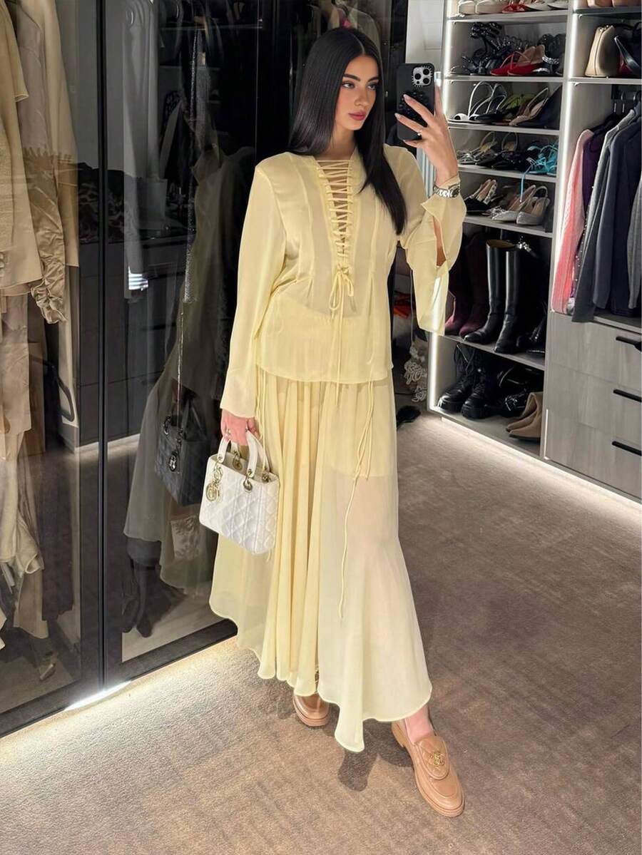 Bluză elegantă de damă cu imprimeu panglică, culoare simplă, cu manșete evazate, stil casual, pentru petreceri, primăvară/vară - Galben - Vizualizare 1