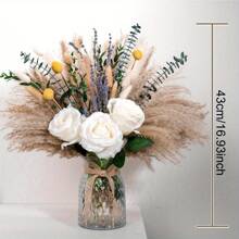 65 pièces Bouquet de roses artificielles avec herbe de la pampa & brins d'amour - Roses blanches élégantes, fleurs séchées beiges et marrons pour la décoration intérieure, centres de table de mariage, coffret cadeau de la Saint-Valentin, arrangement de fête, coffret cadeau romantique Bouquet de style naturel Fleurs de tons neutres