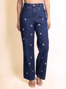 Calça jeans wide leg estampado de florzinha feminino
