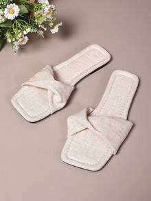 Summer New White Cute Flat Sandals Women, Fashion Casual Slip-On Slippers With Yellow Flat Square Toe