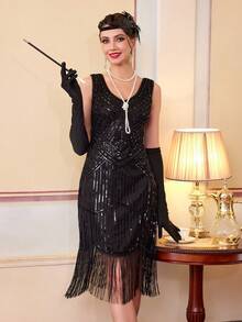 Women's 1920s Vintage Flapper Dress 1920s, Great Gatsby Sequin Fringe Dresses For Party Prom - Black - View 7