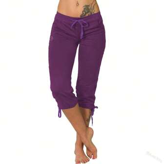 Fashionable Women's Casual Drawstring Waist Capri Pants With Pockets, Spring/Summer