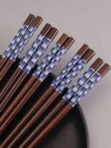 Natural Wooden Chopsticks, Antibacterial Anti-Mold Non-Slip, Japanese Style Sharp Tip Floral Ceramic Square Design, Household Printed Chopsticks,School Supplies