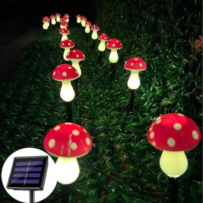 8个/12个/20个太阳能红色蘑菇串灯，暖白光户外花园LED路径灯，适用于花园、草坪、围栏、花坛装饰（新旧款随机发货）