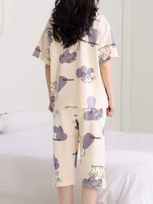 AICJ 2pcs Women Casual Cute Cat & Letter Print Pink Top, 3/4 Pants/Shorts/Lounge Pants, Spring Summer Home Party Vacation Pajamas Set