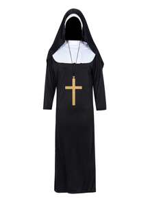 1pc Women Adult Fancy Dress Halloween Costume Outfit, Black Horror Long Robe Stage Performance Cos Play