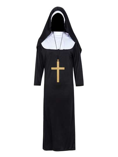 1 件女式成人化装万圣节服装套装，黑色恐怖长袍舞台表演角色扮演