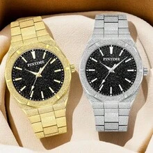 PINTIME 1件男士石英手錶，12面鋅合金錶帶，圓形錶盤，指針顯示，防水，適合日常佩戴，時尚配件 - 黑色 - 查看 11