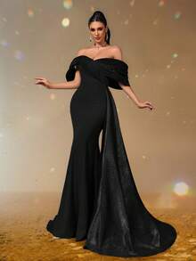 Smilprince Black Off-Shoulder Fishtail Evening Dress With Draped Shoulder Cape And Train, Elegant Mermaid Gown, Formal Evening Dress, Wedding Guest Dress, Prom Dresses For Women,Elegant Gown,Luxury Dress,Party Gown,Long Formal Dress - Black - View 1