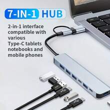 7-In-1 USB HUB With USB-C/USB3.0 Dual Interface, USB Splitter With 1 USB 3.0, 4 USB 2.0 And 2 USB-C Ports, For Electronics/PCs/Laptops And Accessories/Peripherals, Aluminum Alloy Body