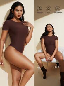 1pc Women's Waist Cinching Seamless Bodysuit, Black Round Neck Short Sleeve Sexy Thong Shapewear