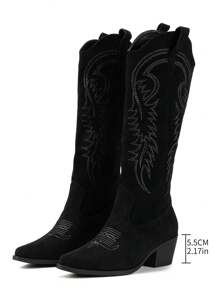 New Retro Embroidered Boots, Casual Western Style Boots, Thick Heel Anti-Slip Mid-Calf Boots, Comfortable & Versatile Riding Boots, Autumn/Winter,Cowboy Boots