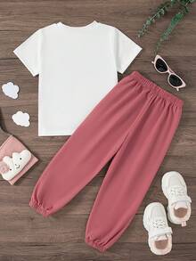 Set de 2 piezas de ropa casual de verano para niñas, que incluye una camiseta de manga corta con estampado de corazones y pantalones de longitud completa, con ajuste regular - Rosa Oxidada - Ver 2