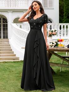 MIUSOL Vestido largo de fiesta formal con escote en V profundo, contraste de lentejuelas, encaje y volantes de gasa, vestido de noche formal - Negro - Ver 4