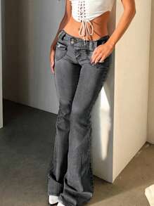 Fall Women's Elegant Denim Zipper Pocket Button Flared Jeans For Back To School