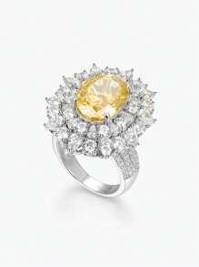 Dissoo 1pc Exclusive Design Egg-Shaped Yellow Snowflake Zirconia Encrusted 925 Sterling Silver Women's Jewelry Quality Fully Encrusted Ring, Rhodium Plated Engagement Ring With 119pcs Precision Cut Gemstone Inlay, Comes In Brand Exclusive Gift Box, Suitable For Gifting, Engagement, Daily Wear, Wedding, Party, Beach, Holidays, Music Festivals