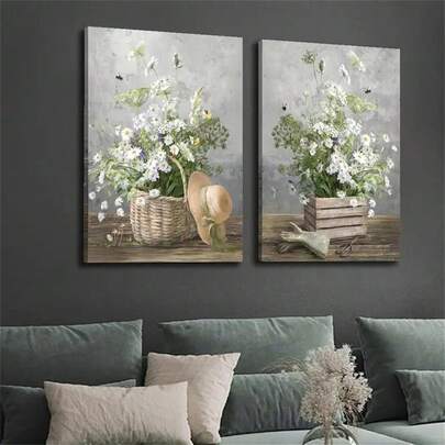 1 Pezzo/2 Pezzi Decorazioni da parete moderne con fiori in vaso, poster con stampe floreali botaniche e margherite in stile rustico, su tela, quadri di per arredare il soggiorno, camera da letto, ufficio, dormitorio, opzione di cornice