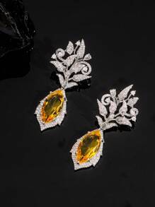 oudina 1 Pair Luxurious Zirconia Yellow Teardrop Earrings, Suitable For Women Everyday Wear