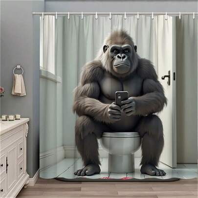1pc Funny Gorilla Sitting On Toilet Holding Smartphone Shower Curtain - Humorous Polyester Bathroom Decor, Includes 12 Hooks, 70.86x70.86 Inches, Easy To Clean, Modern Bathroom Design, Room Decor, Home Decor, Back To School