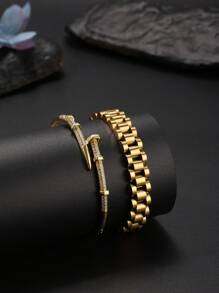 2pcs Fashionable Stainless Steel Rhinestone Punk Hip-Hop Bracelet Set For Men, Waterproof & Fade-Resistant, Suitable For Daily Wear