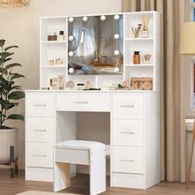 Large Vanity Table, 39.37" Makeup Vanity With Mirror And Lighting, Dressing Table With 7 Drawers, 4 Shelves, 1 Stool, 3 Color-Adjustable Makeup Mirrors, Desk Set For The Bedroom, White - 白色 - 查看 1