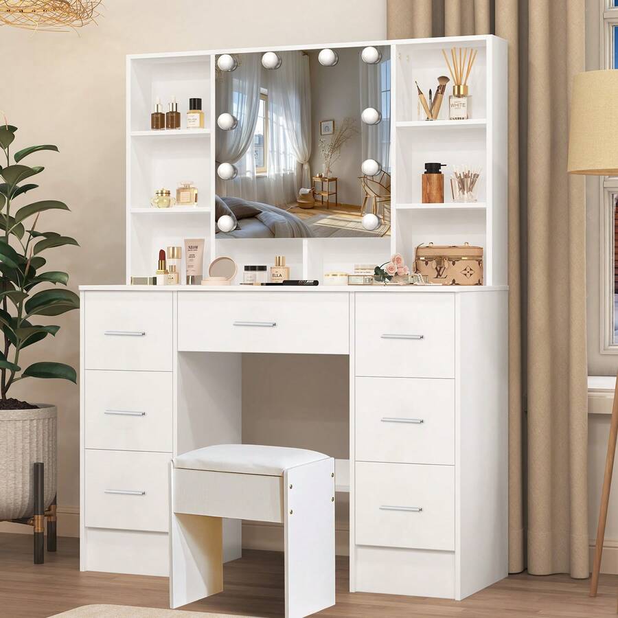 Large Vanity Table, 39.37" Makeup Vanity With Mirror And Lighting, Dressing Table With 7 Drawers, 4 Shelves, 1 Stool, 3 Color-Adjustable Makeup Mirrors, Desk Set For The Bedroom, White - 白色 - 查看 1