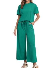 COMFY VOGUE 2pcs Women's Solid Knit Casual Vacation Drawstring Short Sleeve Top And Pants Set, Lightweight - 綠色 - 查看 5