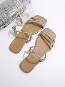 Women's Fashion Crystal Rhinestone Flat Slippers, Versatile Beach Sandals Suitable For Date, Shopping, Party, Commuting, Vacation, And Casual Home Wear, Summer - Khaki - View 8