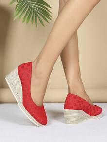 Zapatos de cuña de moda 2025, versátiles de punta redonda, estilo europeo y americano, zapatos de lino de tacón alto para mujer, cómodos y casuales para vacaciones, adecuados para todas las estaciones - Rouge Casaque - Ver 6