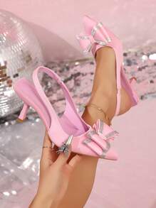 Women's Pointed Toe Slingback Pumps With Bow Decor And Rhinestone Ornaments, Outdoor / Party Wear, Stiletto Heel, Spring/Summer