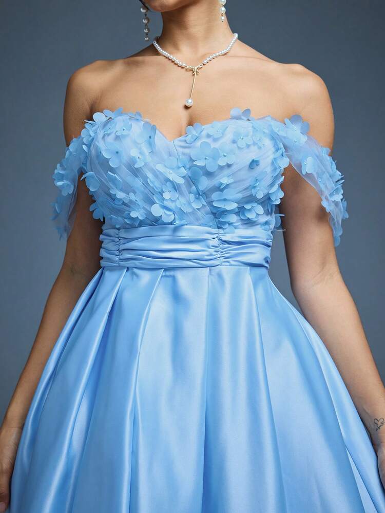 Vestido largo de dama de honor de satén, con hombros descubiertos, elegante, con flores 3D, nueva llegada de Mgiacy, para invitado de boda - Celeste - Añade 6