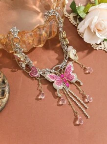 1 buc Pandantiv Y2K cu fluture roz și inimă, cu decor floral și colier cu ciucure, bijuterii fermecătoare cadou pentru femei, sărbători/zi de naștere