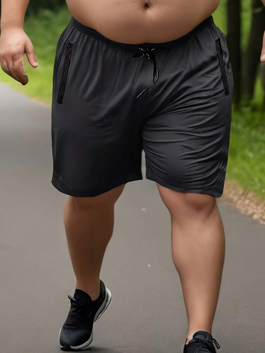 Plus Size Men Sports Shorts, Zipper Long Loose Quick Dry Training Shorts For Running, Fitness, Big & Tall